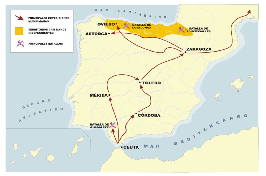 Mapa con los núcleos de resistencia cristiana de la península en el siglo VIII