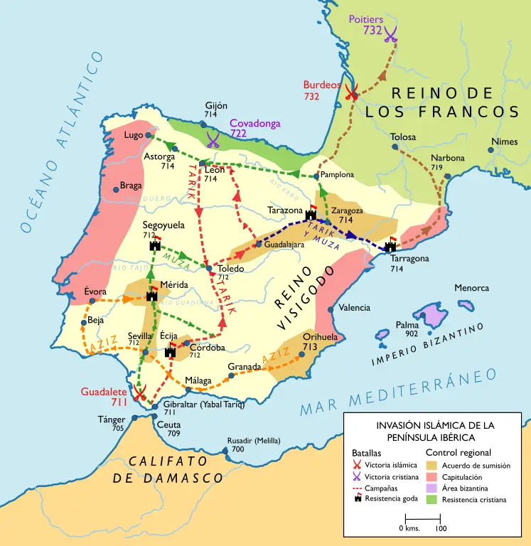 Mapa de la ocupación musulmana de la Península a principios del siglo VIII. Fue un proceso rápido y poco violento.